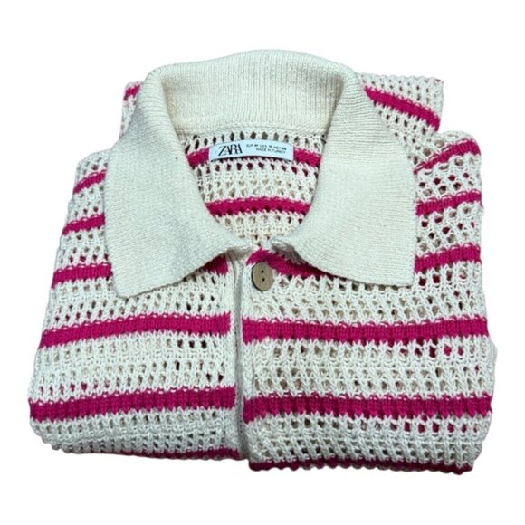 Zara Sweater Womens Medium Striped Button Up Short Sleeve Knit Collared Pullover - Picture 9 of 9